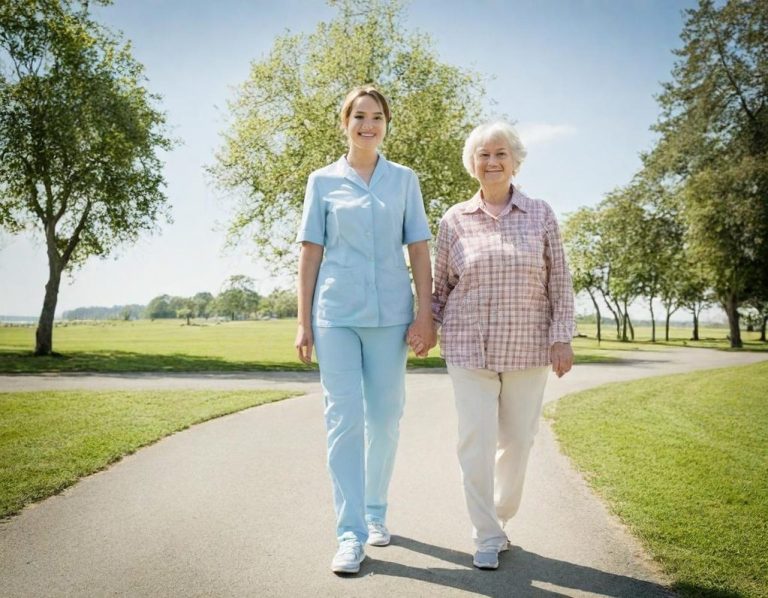 Alltagsbegleitung mit Herz – Miracare in Iserlohn Pflegekraft geht mit Seniorin im Park spazieren – freundliche Alltagsbegleitung in Iserlohn